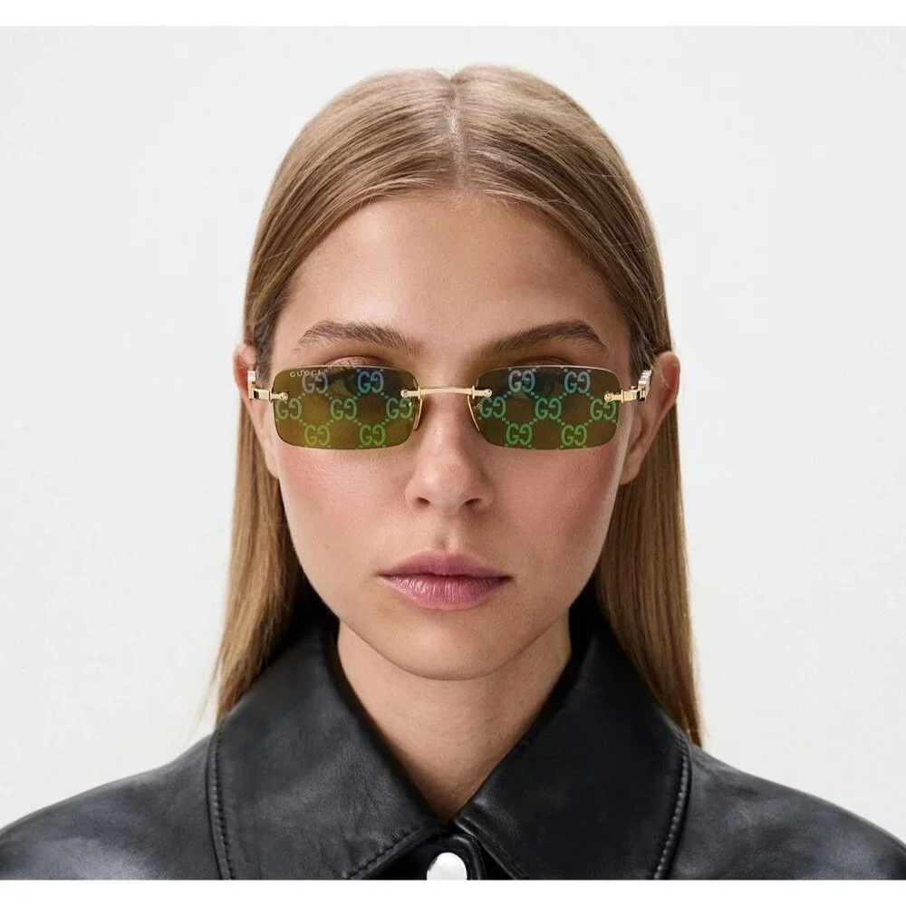 NEW GUCCI SUNGLASSES GOLD UNISEX RECTANGLE EYEWEAR GUCCI GG1808S 002